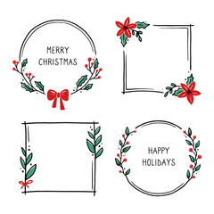 set of christmas wreath floral frame for text decoration. hand drawn style illustration.