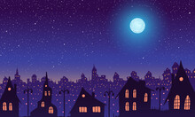 Vintage Town At Night. Bright Moon And Shooting Star.