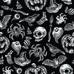 seamless pattern of spider, skull, bat, raven, eyeball, leg bones, pumpkins, candle, ghost, hand zombie,  witch hat, witch broom, candy wrappers in dark background. Vector Happy Halloween