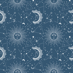 Wall Mural - Bohemian seamless pattern with sun, moon, stars and constellation. Vintage style. Gypsy and hipster vector illustration. Astronomy and astrology symbol.