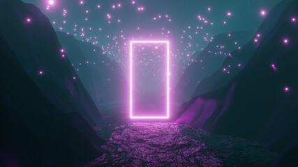 Wall Mural - 3d illustration graphic of foggy riverside and mountain landscape, with a magical pink environment a