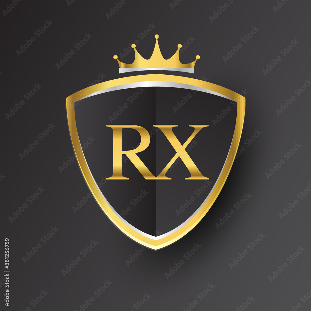 Initial logo letter RX with shield and crown Icon golden color isolated ...