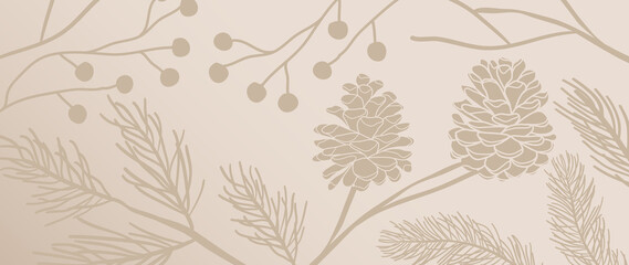 pine branches and cones background. winter and autumn hand draw wall art. luxury wallpaper design fo