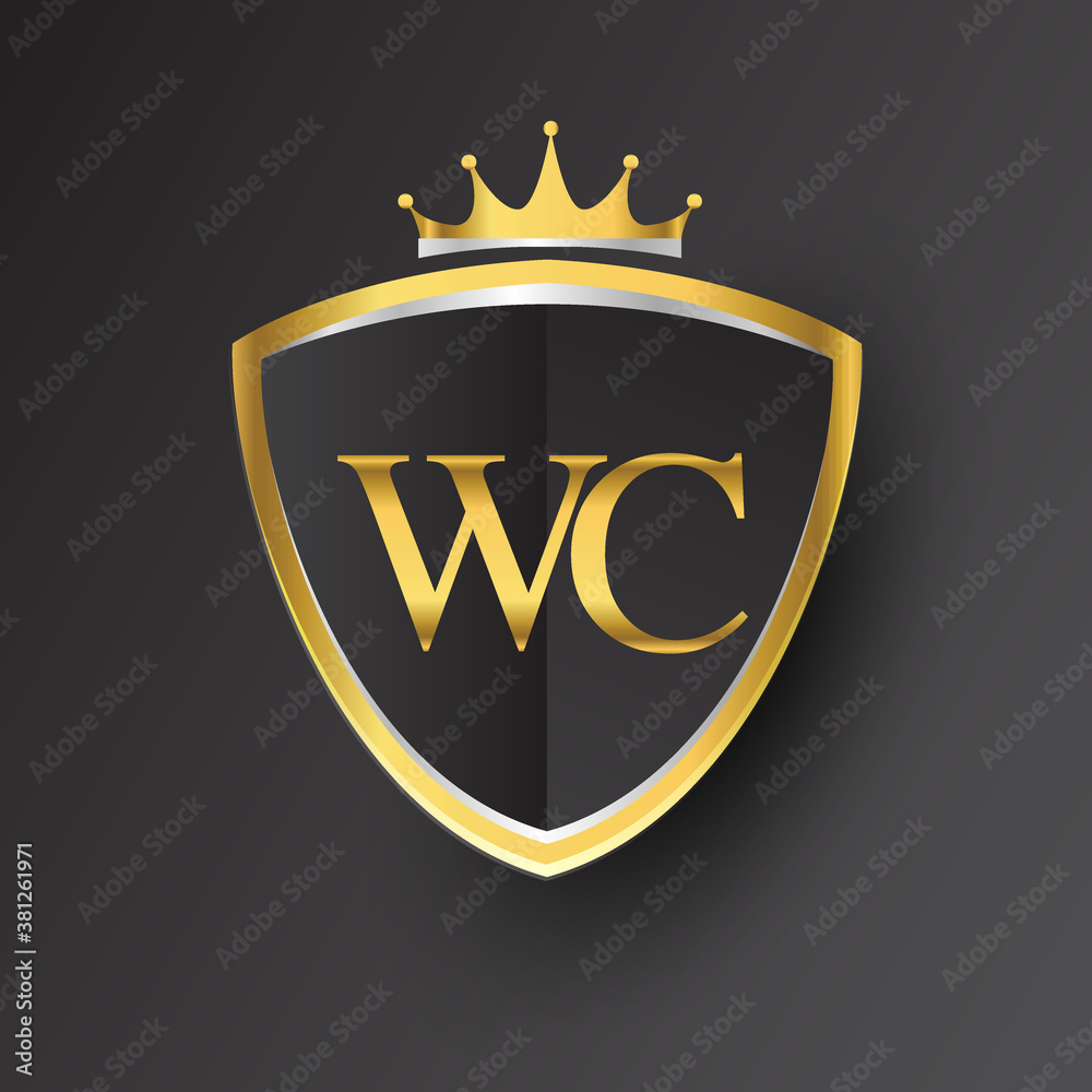Initial logo letter WC with shield and crown Icon golden color isolated ...