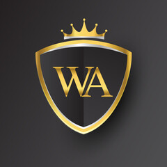 Initial logo letter WA with shield and crown Icon golden color isolated on black background, logotype design for company identity.