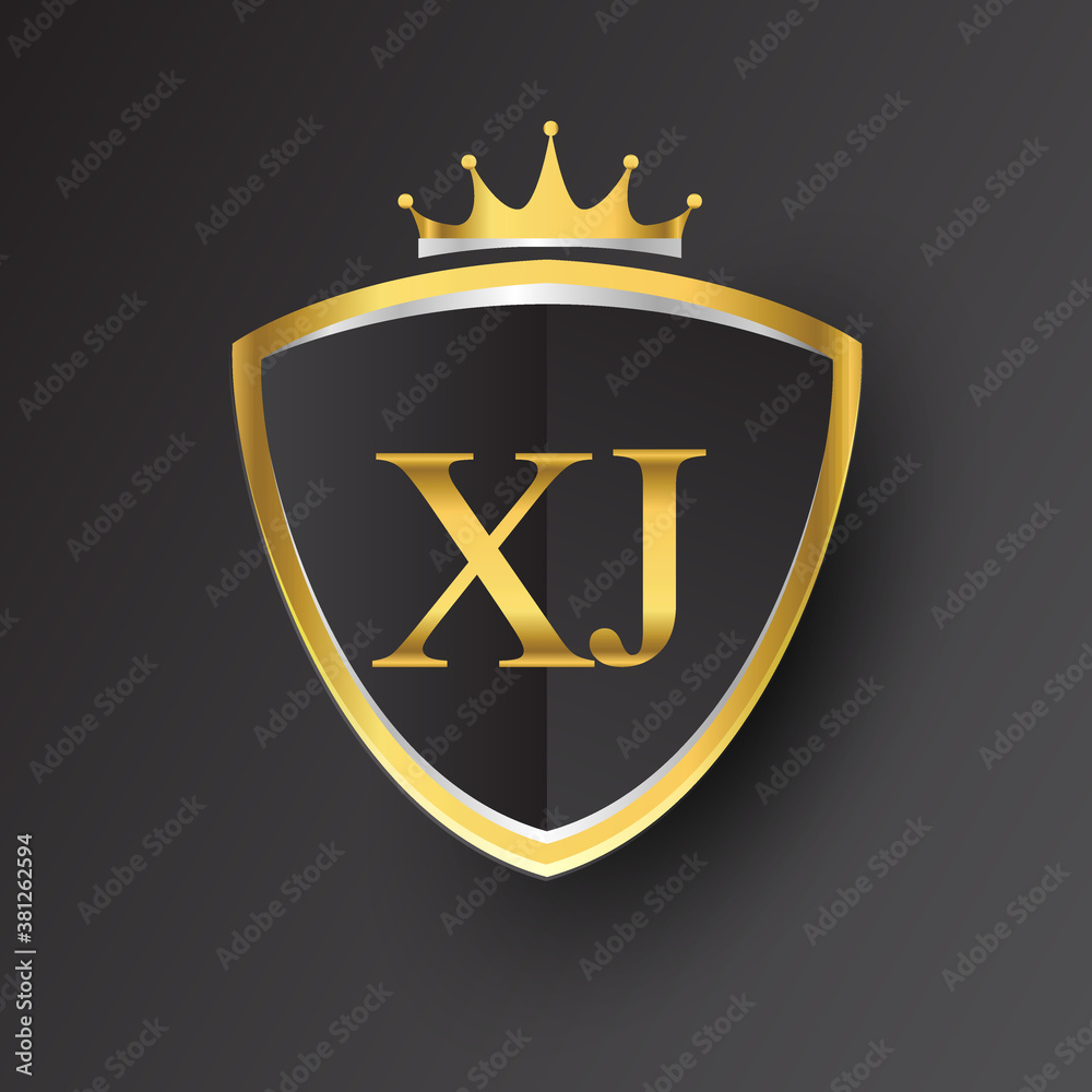 Initial logo letter XJ with shield and crown Icon golden color isolated ...