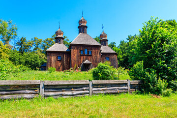 Ancient wooden orthodox church of St. Michael in Pyrohiv (Pirogovo) village near Kiev, Ukraine