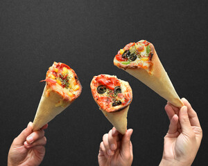 Organics and delicious pizza cones with a crunchy thin crust, lots of melted cheese, fresh vegetables and fine spices