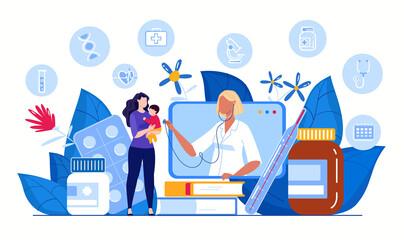 Wall Mural - Online doctor consultation concept. Ask a doctor. Family doctor online. Medical diagnostics via the Internet. Mother and child talking, consulting a doctor using a tablet. Vector flat illustration.