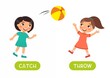 Antonyms concept, THROW and CATCH. Educational flash card with kids playing ball template. Cute little girls have fun. Word card for english language learning with opposites. Flat vector illustration