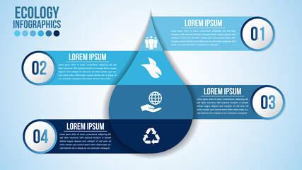 Infographic eco water blue design elements process 4 steps or options parts with drop of water. Ecology organic nature vector business template for presentation.