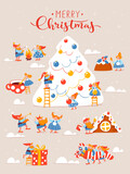 Fototapeta Dinusie - Cartoon Christmas hygge card with funny gnomes and lettering.