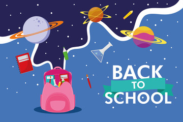  back to school season poster with schoolbag and space icons