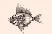 Fish With A Metal Body On Mechanical Control In Steampunk Style.