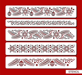 Set of stencils with seamless Christmas border. Ornament with New Year's decoration, spruce branches, serpentine, snowflakes, balls, stars. Template for laser cut, paper cutting. Vector illustration.