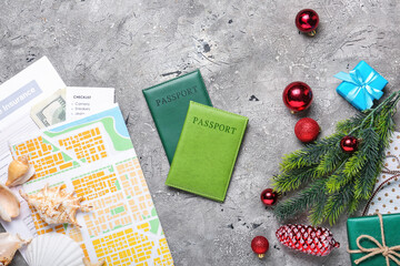 Sticker - Composition with Christmas decor, map, and passports on grunge background