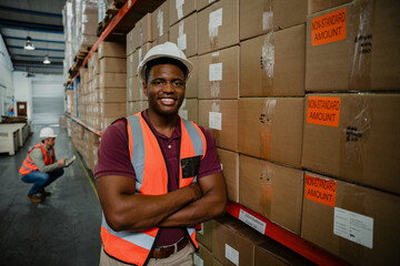 Wall Mural - Mixed race male worker smiling with crossed arms leaning against parcels in factory shop