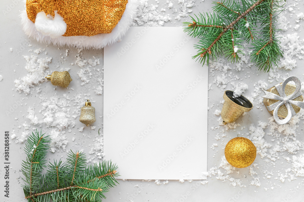 Beautiful Christmas decorations with empty card on light background