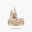 Fisherman's bastion towers in Hungary capital icon. Hungarian tourist destination you have to visit. Best historical landmark located in the Buda Castle. Vector art illustration flat design.