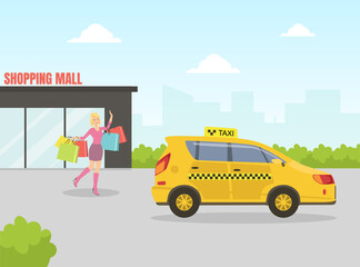 Poster - Young Woman Hailing Taxi Car Standing Near Shopping Mall, Mobile City Public Transportation Service Vector Illustration