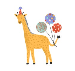 Cute giraffe in holiday cap hold bright festive balloons. Flat vector cartoon childish illustration for birthday party. Funny animal character isolated on white background