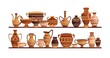Different ancient greek ceramic dishware on shelves vector flat illustration. Clay pots, vases, amphoras, jars and bowls decorated by Hellenic ornaments isolated. Storage of archaeological artefacts