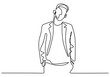 One continuous drawing line of handsome man wearing casual suit. Young male with men's jacket or blazer ready to go in party. Character the guy in elegant style. Vector sketch illustration