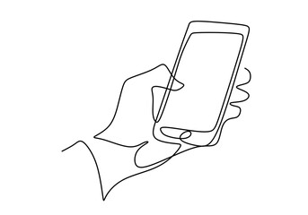 Sticker - Continuous one line drawing of gesture hands and touch the screen of smartphone. Making online stories or streaming in social networks. Transaction on online. Gadget device concept