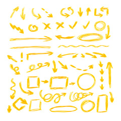 Wall Mural - vector set of yellow marker frehand drawings, arrows, different geometric shapes, colorful illustrat