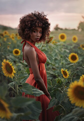 portrait of young black woman in a orange dress walks in the sunflower field at sunset
