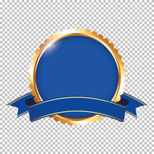 Blue Award Banner With Golden Frame And Ribbon On Transparent Background