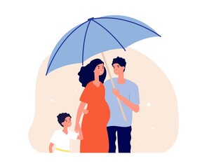 Wall Mural - Family protection concept. Man holding umbrella under pregnant wife and son. Happy parents and child. Life insurance, social protect metaphor vector illustration. Family protection and medical safety