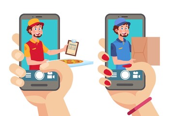 Sticker - Online delivery app. Man with parcel and pizza looking from smartphone. Mobile logistic service, order food vector concept. Illustration express order, delivery pizza