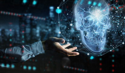 Poster - Man hand using digital x-ray skull holographic scan projection 3D rendering