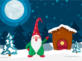 Poster - Full Moon Winter Landscape Background with Snowy House and Cartoon Gnome Character.