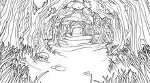 A Fairytale Fantasy Magic Woodland Forest Trees Tunnel Background Landscape Scene. Outline Black And White Coloring Book Page