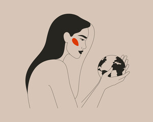 young woman holds a small earth in her arms. strong girl supports planet in her hands. female charac
