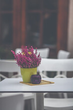 Restaurant Exterior With Flowers On The Table At The City Streets