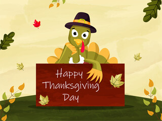 Canvas Print - Cartoon Turkey Bird Wear Pilgrim Hat with Holding Message Board of Happy Thanksgiving Day and Autumn Leaves Decorated Green Background.