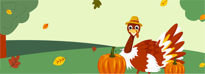 Sticker - Illustration of Cartoon Turkey Bird Wearing Pilgrim Hat with Pumpkins and Leaves Falling on Green Nature Background.