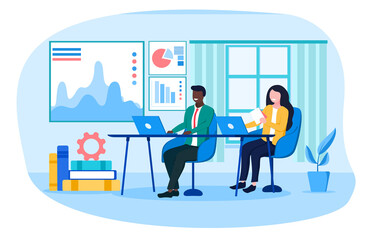 Happy and smiling man and woman sitting in the office and working on laptops on the background of graphs and charts. Workflow and teamwork concept. Flat vector illustration