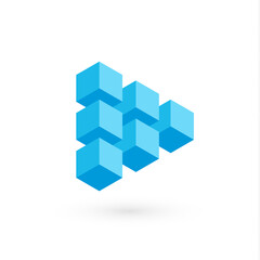 Poster - Play button for digital media, audio and video, triangular shape from 3D cubes, blue volumetric figure, architecture symbol. Isolated vector logo template for business. Icon for infographic