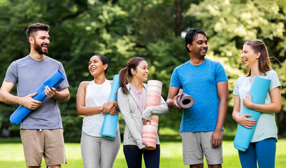 Canvas Print - fitness, sport and healthy lifestyle concept - group of happy people with yoga mats at park