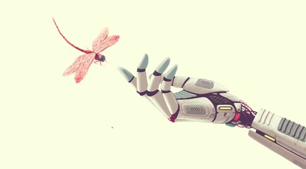 Technology and life concept, surreal artwork, robot hand with dragonfly , conceptual of happiness freedom and hope ,futuristic painting illustration , science	