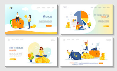 Wall Mural - Set of web pages with coins, money plants and bag, wallet, diagrams, characters. Profit, budget, prosperity, financial success, savings concept. Vector illustration for banner, poster, website.