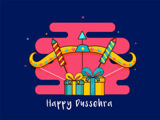 Wall Mural - Happy Dussehra Font with Bow Arrow, Firecrackers and Gift Box Illustration on Blue and Pink Background.