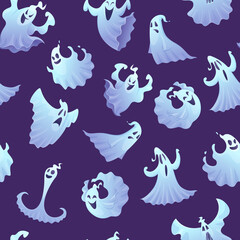 Wall Mural - Ghost pattern. Spooky poltergeist or little ghosts halloween illustrations for textile design projects vector scary seamless background. Scary ghoul, spooky poltergeist pattern