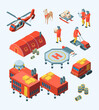 © ONYXprj - Arctic explorer. Meteorology polar expedition north pole tourism ship transport specific buildings vector isometric set. Arctic expedition, antarctic transport and meteorological station illustration