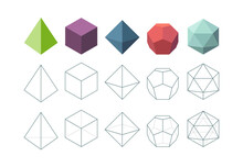 Platonic solid. Geometrical 3d object shapes vector collection. Polygon pyramid form, platonic and polyhedron geometric figures