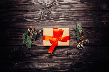 Wall Mural - new year's gift on a wooden background